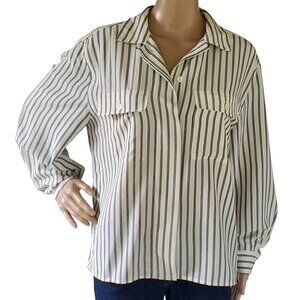 Jones New York Blouse Womens 12 Large Semi Sheer Striped Pockets Career Business